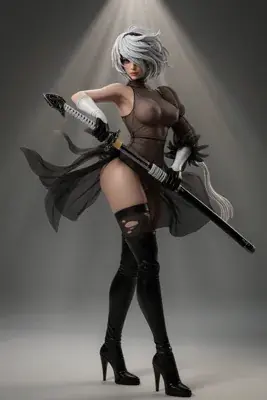 Digital illustration of 2B (YoRHa No.2 Type B) from NieR: Automata, depicted in a gothic-lolita style with a blindfold and sword under dramatic lighting.