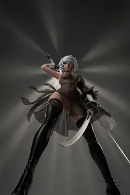 Digital illustration of 2B (YoRHa No.2 Type B) from NieR: Automata in a dynamic combat pose with dual swords and a blindfold.