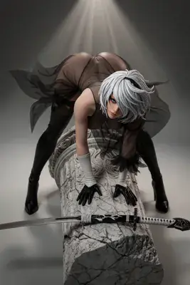 Fan art of 2B (YoRHa No.2 Type B) from NieR: Automata, depicted in a gothic-lolita outfit with a blindfold and sword in a dramatic pose.