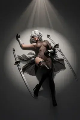 Fan art of 2B (YoRHa No.2 Type B) from NieR: Automata, depicted lying down with swords under a spotlight.