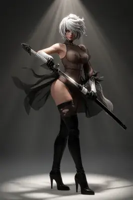 Digital illustration of 2B from NieR: Automata wearing a gothic-lolita style outfit with a blindfold and holding a sword.