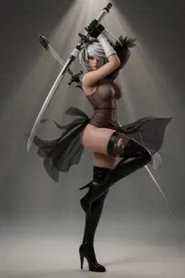 Digital illustration of 2B (YoRHa No.2 Type B) from NieR: Automata, depicted in a gothic-lolita outfit with a blindfold and swords.