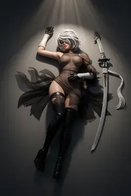 Digital illustration of 2B (YoRHa No.2 Type B) from NieR: Automata lying on a dark surface with a sword, wearing a gothic-lolita outfit and blindfold.