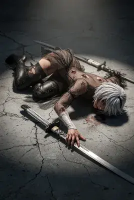 Fan art of 2B from NieR: Automata lying wounded on cracked concrete with swords nearby.