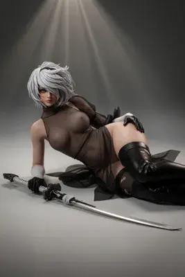 Fan art of 2B (YoRHa No.2 Type B) from NieR: Automata, depicted in a gothic-lolita outfit with a blindfold and sword in a dramatic studio setting.
