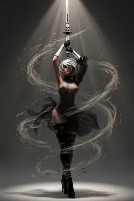 Digital illustration of 2B (YoRHa No.2 Type B) from NieR: Automata, standing with a sword above her head in a dramatic pose.