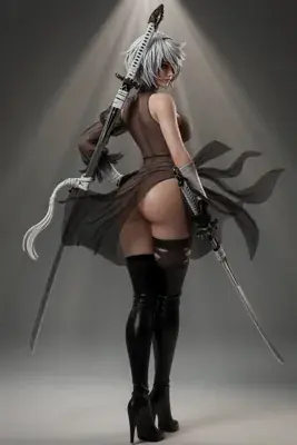 Digital illustration of 2B (YoRHa No.2 Type B) from NieR: Automata wearing a gothic-lolita style outfit with a blindfold and dual swords.