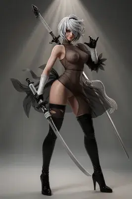 Digital illustration of 2B (YoRHa No.2 Type B) from NieR: Automata, depicted in a gothic-lolita style with a blindfold and swords.