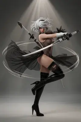 2B (YoRHa No.2 Type B) from NieR: Automata in a dynamic combat pose, wielding dual swords with flowing black skirt and high-heeled boots under a spotlight.