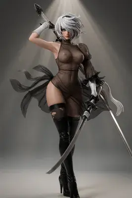 Digital illustration of 2B (YoRHa No.2 Type B) from NieR: Automata, depicted in a gothic-lolita style with a blindfold and sword.