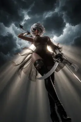 A digital illustration of 2B from NieR: Automata, depicted in a dramatic action pose with a sword against a stormy sky.