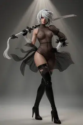 Digital illustration of 2B (YoRHa No.2 Type B) from NieR: Automata, wearing a black gothic-lolita outfit with a blindfold and holding a sword.