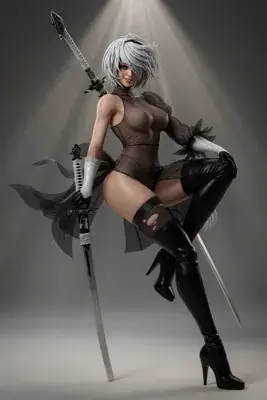 Digital illustration of 2B (YoRHa No.2 Type B) from NieR: Automata, depicted in a gothic-lolita style with a blindfold and swords.