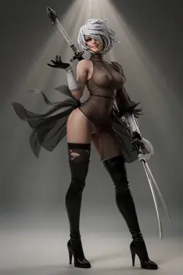 Digital illustration of 2B (YoRHa No.2 Type B) from NieR: Automata, featuring a gothic-lolita style outfit with a blindfold and dual swords.