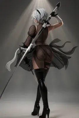 A digital illustration of 2B (YoRHa No.2 Type B) from NieR: Automata, depicted in a gothic-lolita style outfit with a blindfold and sword.