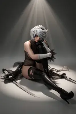 Digital illustration of 2B (YoRHa No.2 Type B) from NieR: Automata, depicted in a gothic-lolita outfit with a blindfold and swords in a dramatic studio setting.