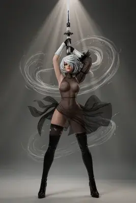 Digital illustration of 2B (YoRHa No.2 Type B) from NieR: Automata, depicted in a gothic-lolita outfit with a blindfold and sword under dramatic lighting.