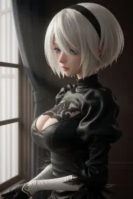 Digital illustration of 2B (YoRHa No.2 Type B) from NieR: Automata, featuring white hair, a black blindfold, and a gothic-lolita style outfit, standing indoors near a window.