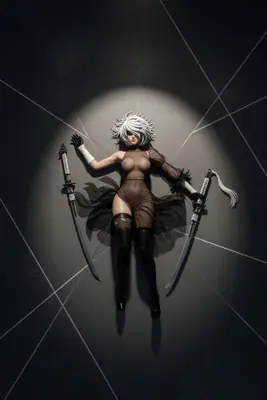 A digital illustration of 2B from NieR: Automata lying on a dark, geometric floor with two swords, wearing a gothic-lolita style outfit and blindfold.
