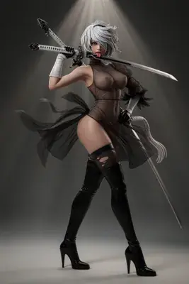 2B (YoRHa No.2 Type B) from NieR: Automata depicted in a gothic-lolita style outfit with a blindfold and dual swords, standing in a dramatic pose.