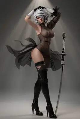 Digital illustration of 2B (YoRHa No.2 Type B) from NieR: Automata, wearing a black gothic-lolita outfit with a blindfold and high heels, standing beside a sword.
