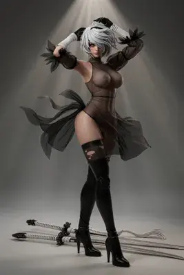 Digital illustration of 2B (YoRHa No.2 Type B) from NieR: Automata wearing a gothic-lolita style outfit with a blindfold and high-heeled boots.