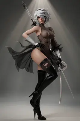 Digital illustration of 2B from NieR: Automata, a YoRHa No.2 Type B android, standing in a dramatic pose with a sword and blindfold.