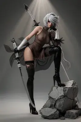 Digital illustration of 2B (YoRHa No.2 Type B) from NieR: Automata, depicted in a gothic-lolita outfit with a blindfold and swords on a rocky base.