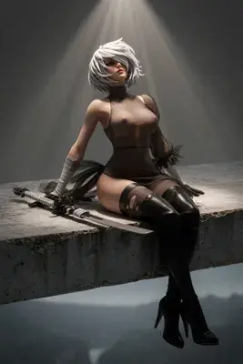 Digital illustration of 2B (YoRHa No.2 Type B) from NieR: Automata, sitting on a concrete ledge with a sword and blindfold.
