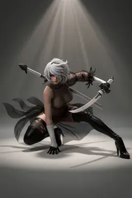 Fan art of 2B (YoRHa No.2 Type B) from NieR: Automata in a dynamic combat pose with dual swords under dramatic lighting.