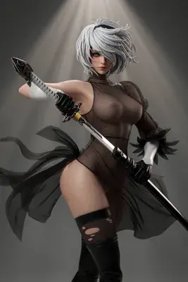 Digital illustration of 2B (YoRHa No.2 Type B) from NieR: Automata, depicted in a gothic-lolita style with a blindfold and sword.