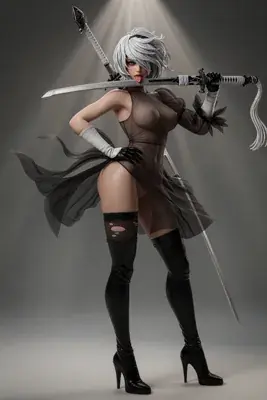 Digital illustration of 2B (YoRHa No.2 Type B) from NieR: Automata wearing a gothic-lolita outfit and holding a sword.
