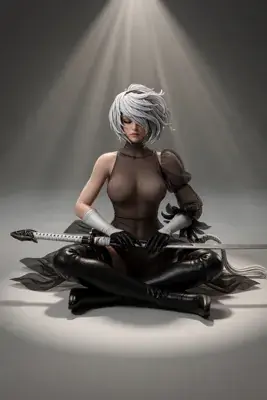 Digital illustration of 2B (YoRHa No.2 Type B) from NieR: Automata, depicted in a gothic-lolita outfit with a blindfold and sword, sitting cross-legged under a spotlight.