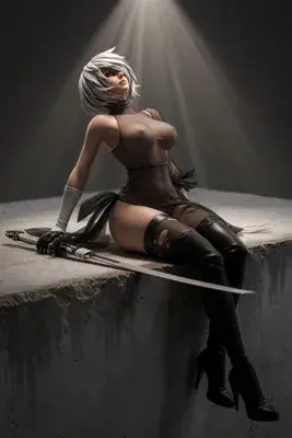 Fan art of 2B (YoRHa No.2 Type B) from NieR: Automata, depicted sitting on a concrete ledge with a sword, wearing a gothic-lolita outfit and blindfold.