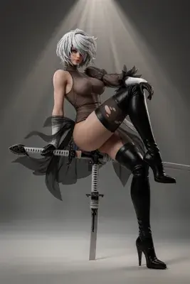 Digital illustration of 2B (YoRHa No.2 Type B) from NieR: Automata, depicted in a gothic-lolita outfit with a blindfold and sword in a dramatic studio setting.
