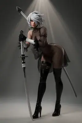 A digital illustration of 2B (YoRHa No.2 Type B) from NieR: Automata, depicted in a gothic-lolita style outfit with a blindfold and sword.