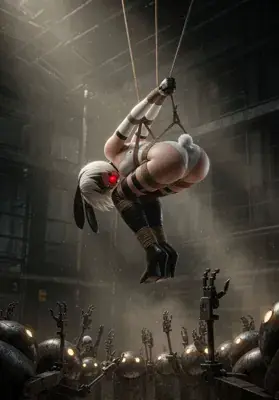 Fan art of 2B (YoRHa No.2 Type B) from NieR: Automata, depicted hanging by ropes in a gothic-lolita outfit within an industrial post-apocalyptic setting.