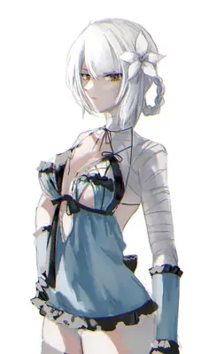 Fan art of 2B (YoRHa No.2 Type B) from NieR: Automata wearing a gothic-lolita outfit with a white flower in her hair.