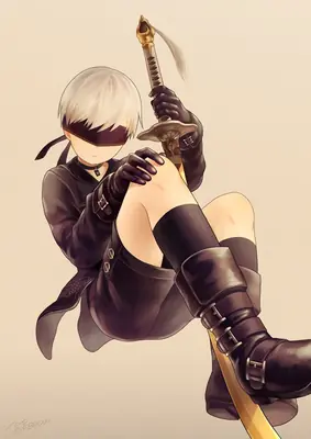 Fan art of 2B (YoRHa No.2 Type B) from NieR: Automata, depicted with a blindfold and holding a sword.
