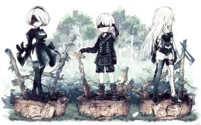 Fan art of 2B, 9S, and A2 from NieR: Automata standing on pedestals in a post-apocalyptic landscape.
