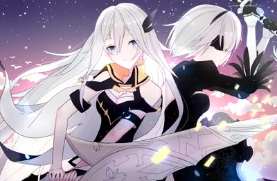 Digital illustration of 2B (YoRHa No.2 Type B) from NieR: Automata in a gothic-lolita outfit with a blindfold and sword, set against a starry sky.