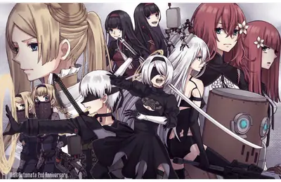 Fan art illustration of 2B and other YoRHa units from NieR: Automata, featuring characters in combat poses with weapons and futuristic outfits.