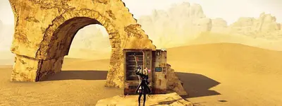 2B from NieR: Automata stands in a desert landscape with a broken stone arch and a vending machine, wearing her signature black dress and blindfold.