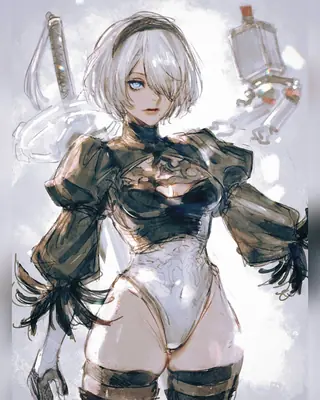 Fan art of 2B (YoRHa No.2 Type B) from NieR: Automata, depicted in a gothic-lolita style with a blindfold and combat attire.