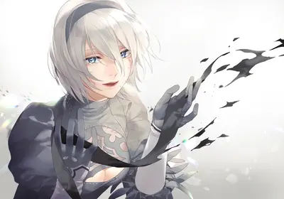 2B (YoRHa No.2 Type B) from NieR: Automata depicted in a digital illustration with white hair, blue eyes, and a black dress, holding a shattered object.