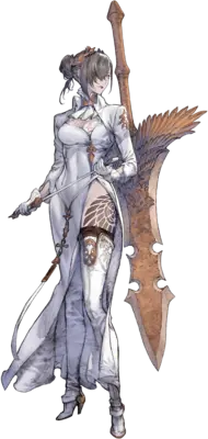 2B (YoRHa No.2 Type B) from NieR: Automata standing with a sword and large weapon, wearing a white gothic-lolita outfit.