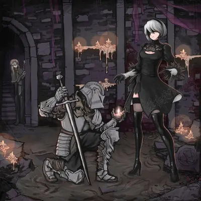 Fan art of 2B (YoRHa No.2 Type B) from NieR: Automata standing in a dimly lit, gothic cathedral with a kneeling knight and another figure in the background.