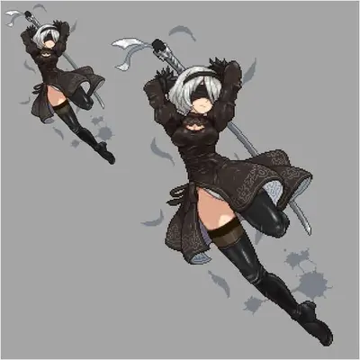 Fan art of 2B (YoRHa No.2 Type B) from NieR: Automata depicted in a dynamic action pose with a sword.