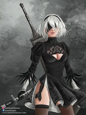 Fan art of 2B (YoRHa No.2 Type B) from NieR: Automata, depicted in a black gothic-lolita dress with a blindfold and sword.
