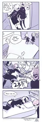 A comic strip showing 2B (YoRHa No.2 Type B) and 9S from NieR: Automata entering a dorm room with two beds, leading to a comedic misunderstanding about the beds.
